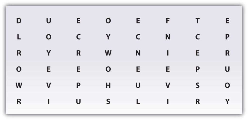 A word search puzzle with a 7x7 grid of black capital letters on a light gray background. No words are highlighted or circled.