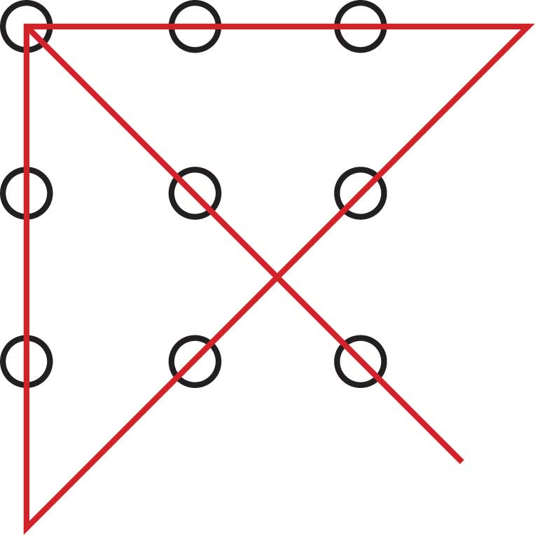 Nine black circles arranged in a 3x3 grid with four continuous red lines intersecting them, drawn without lifting the pen, forming a triangle and an intersecting line.