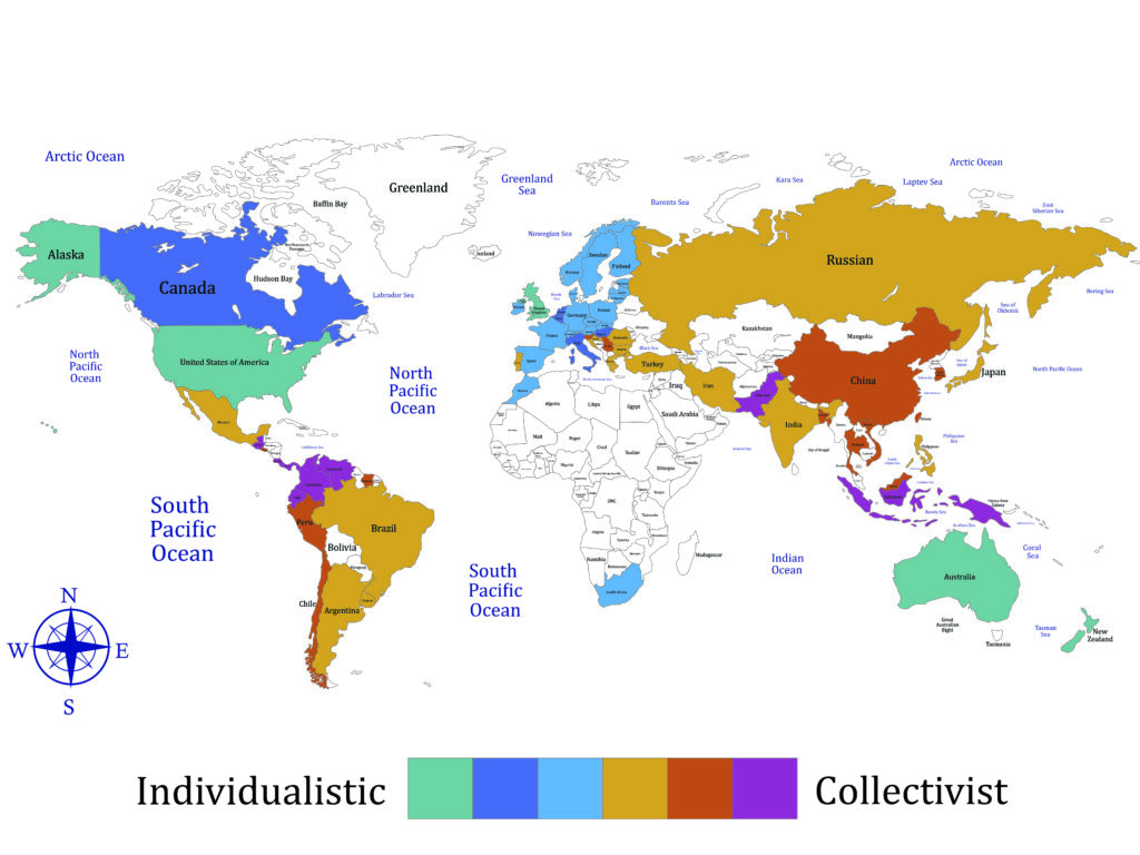 A world map shows varying shades from high individualism to high collectivism.High individualism (bright colors): United States, Canada, Australia, UK, and the Netherlands — societies valuing independence and self-reliance. High collectivism (darker colors): China, Indonesia, Guatemala, Ecuador — societies valuing loyalty, group cohesion, and interdependence. Intermediate shades indicate moderate cultural leanings.