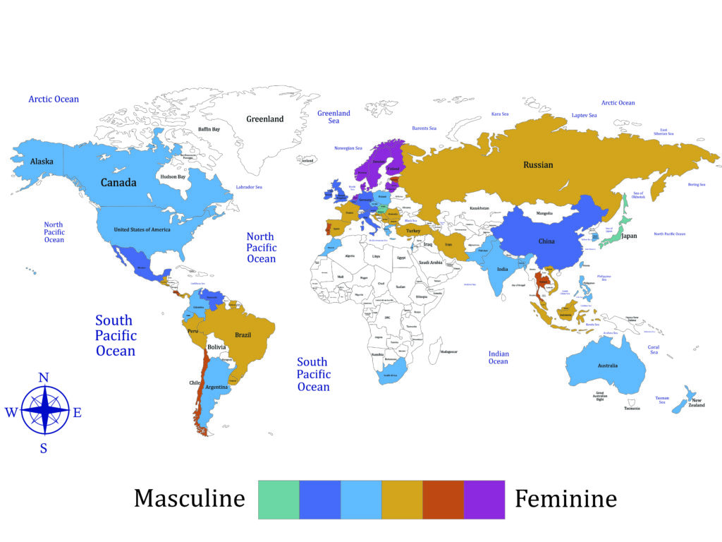 A world map displays masculinity scores:High masculinity: Japan, Italy, Mexico, United States — societies valuing competitiveness, material success, and achievement. High femininity: Sweden, Norway, Netherlands — societies prioritizing cooperation, modesty, quality of life, and work-life balance. Colors progress from light to dark depending on masculinity score.