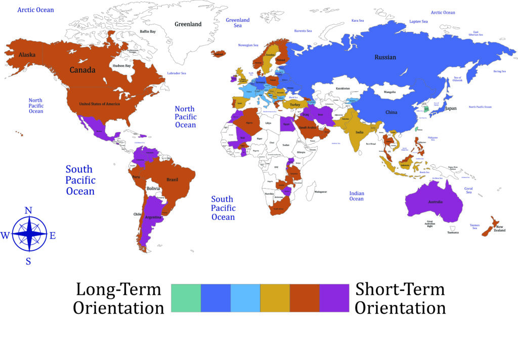A world map depicts cultural emphasis:Long-term orientation (bright colors): China, Japan, South Korea, Germany — societies focused on perseverance, thrift, and future rewards. Short-term orientation (darker colors): USA, UK, Nigeria — cultures focused on tradition, social obligations, and immediate results.